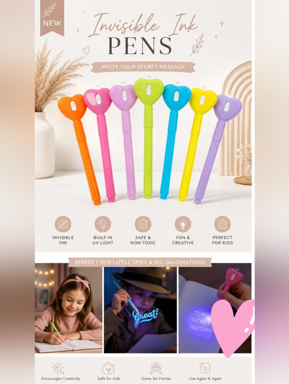 20 Pack Magic Spy Invisible Ink Pens w/ LED Light Heart Top Secret Message Kids